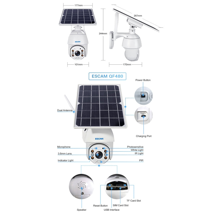 ESCAM QF480 EU Version HD 1080P IP66 Waterproof 4G Solar Panel PT IP Camera with Battery, Support Night Vision / Motion Detection / TF Card / Two Way Audio, with Battery(EU Version) ESCAM QF480 EU Version HD 1080P IP66 Waterproof 4G Solar Panel PT IP Camera with Battery, Support Night Vision / Motion Detection / TF Card / Two Way Audio, with Battery(EU Version)